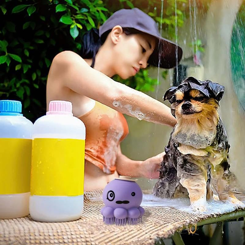 Pet Grooming Brush, Soft Silicone Puppy Massage, Hair Fur Grooming Cleaning Brush with Dispenser, Deep Cleansing, Ergonomic Grip for Cleaning Short Long Haired Dogs and Cats (PL)