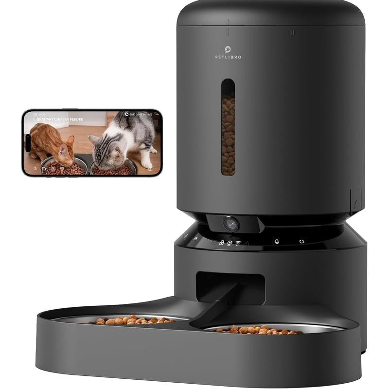 PETLIBRO Automatic Cat Feeder with Camera for Two Cats, 1080P HD Video with Night Vision, 5G Wifi Pet Feeder with 2-Way Audio for Cat & Dog, Low Food & Motion & Sound Alerts, Dual Tray, Black 5L PETLIBRO