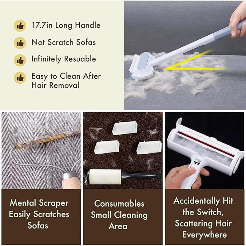 【4 in 1】Pet Hair Removal Tool, Multi-Functional, Reusable, Washable Lint Cleaner for Dog and Cat Hair, Gentle on Furniture, Effective on Carpets, Clothing, Bedding,Pet Hair Remover for Furniture, Cat/Dog Hair Remover with Extra Long Handle