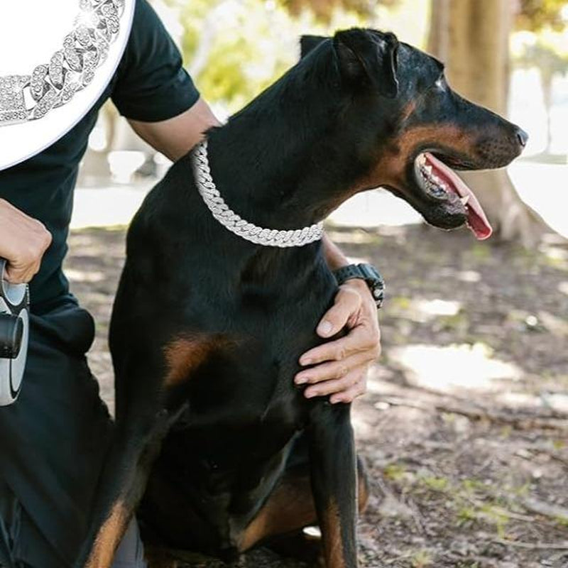 Silver Dog Chain Collar Diamond Cuban Link Dog Collar 13Mm Wide Dog Necklace Metal Cat Chain Pet Crystal Collar Jewelry Accessories for Small Medium Large Dogs Cats(16Inch)