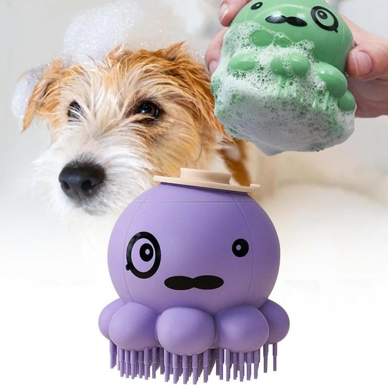 Pet Grooming Brush, Soft Silicone Puppy Massage, Hair Fur Grooming Cleaning Brush with Dispenser, Deep Cleansing, Ergonomic Grip for Cleaning Short Long Haired Dogs and Cats (PL)