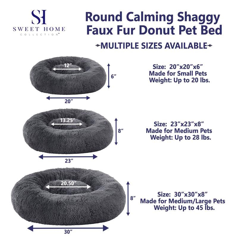Faux Fur Shaggy round Donut Pet Bed for Dogs & Cats, 100% Polyester Fiber, Machine Washable, Non-Slip Dot Fabric