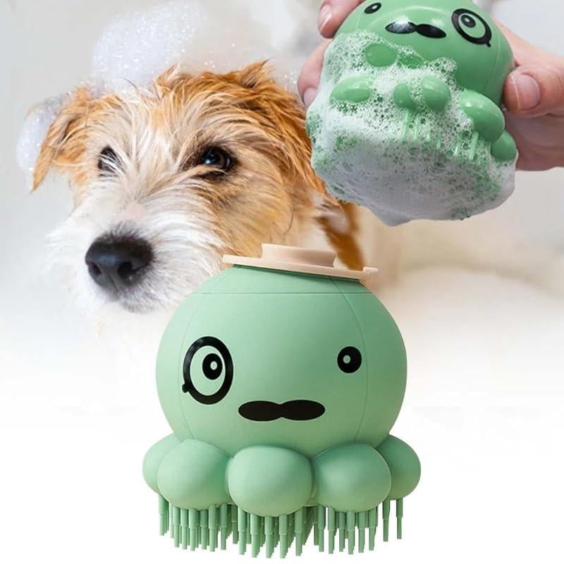 Pet Grooming Brush, Soft Silicone Puppy Massage, Hair Fur Grooming Cleaning Brush with Dispenser, Deep Cleansing, Ergonomic Grip for Cleaning Short Long Haired Dogs and Cats (PL)
