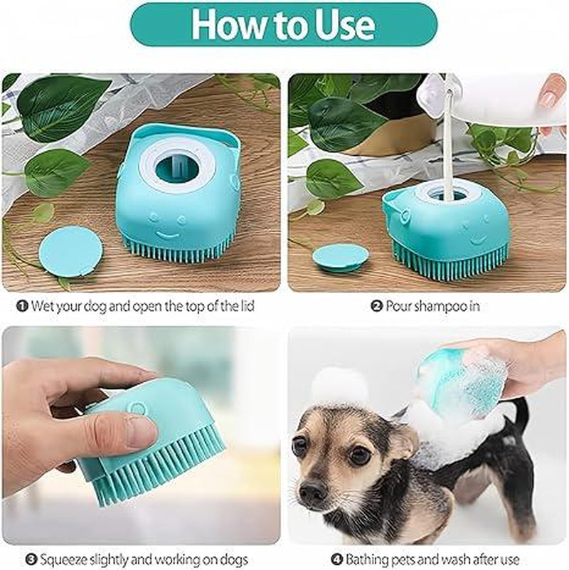 Pet Bath Brush, Silicone Massage Brush with Shampoo Dispenser, Ideal Bath Accessories for Dogs & Cats