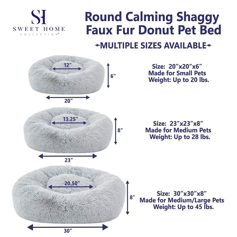 Faux Fur Shaggy round Donut Pet Bed for Dogs & Cats, 100% Polyester Fiber, Machine Washable, Non-Slip Dot Fabric