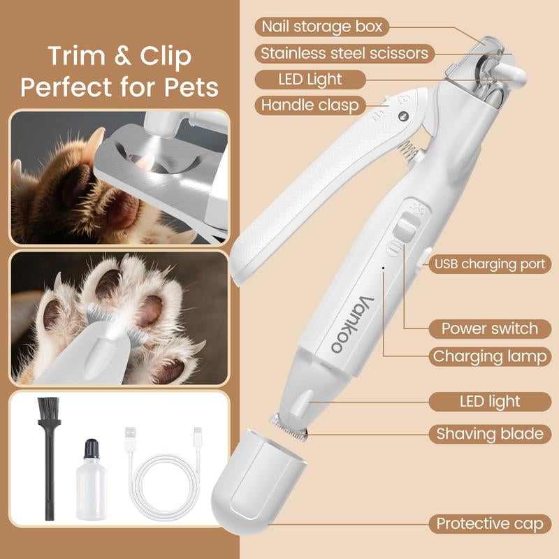 Vankoo Petgroomer 2-In-1 Dog Nail Clipper & Paw Hair Trimmer with LED Light, Rechargeable & Waterproof – Grooming Tool for Paws, Face, Ears, Rump – Safe for Dogs & Cats